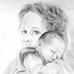 Mutter/Kind-Portrait Steffi und Dustin – Bleistift–Illustration, 30 x 30 cm